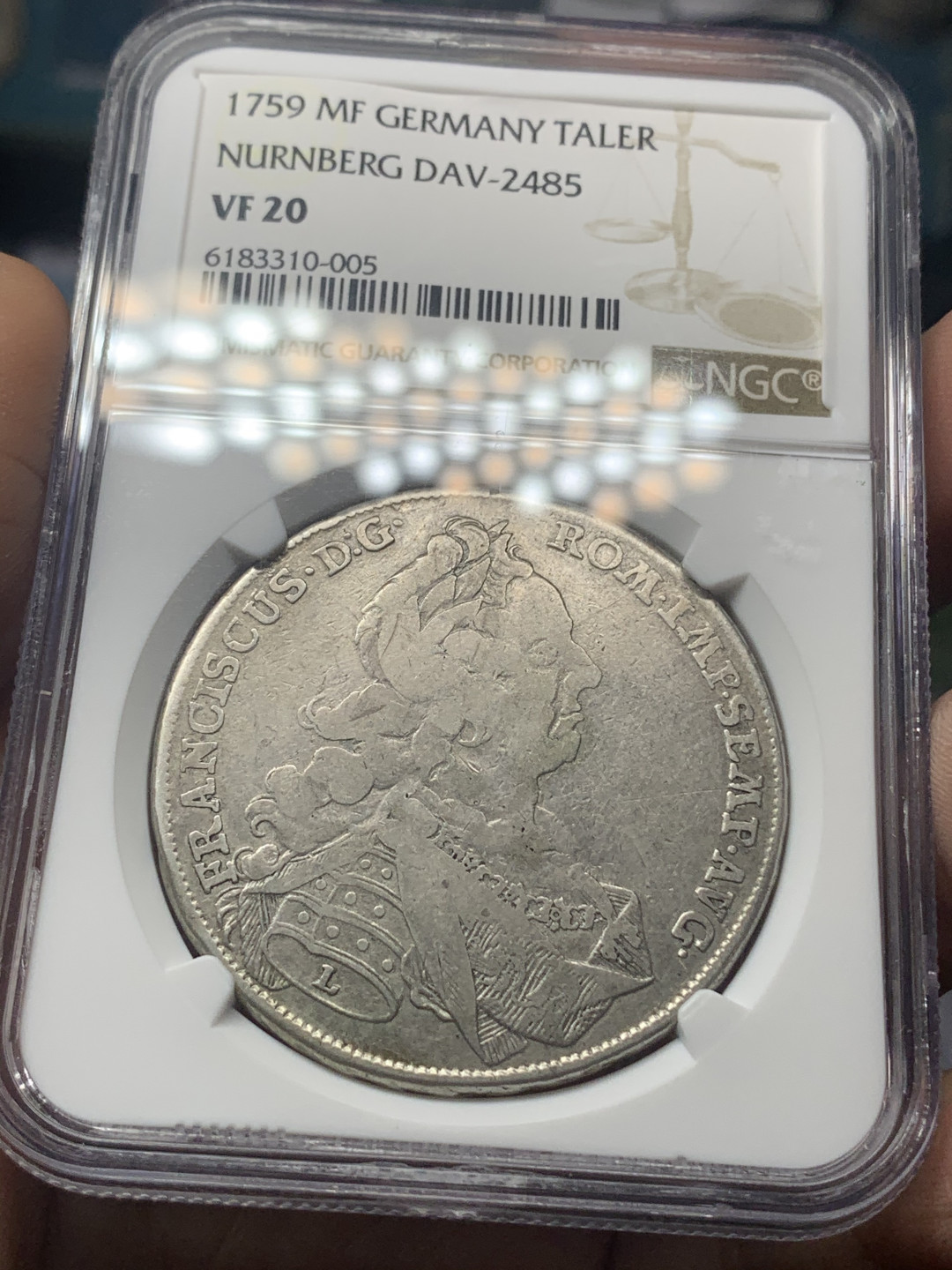 《竞宝斋》钱币微拍-第18场-本周日，周一2场连拍（全场顺丰包邮） NGC-VF20 神圣罗马帝国 1759 纽伦堡弗朗茨一世（大奶妈老公）不死鸟1泰勒 少见品种 有分难得