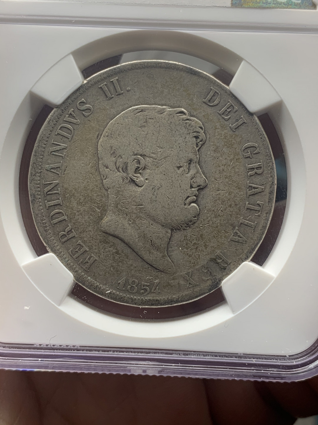 《竞宝斋》钱币微拍-第18场-本周日，周一2场连拍（全场顺丰包邮） NGC-VF 意大利 1854年 那不勒斯和西西里120格雷纳银币 小头版