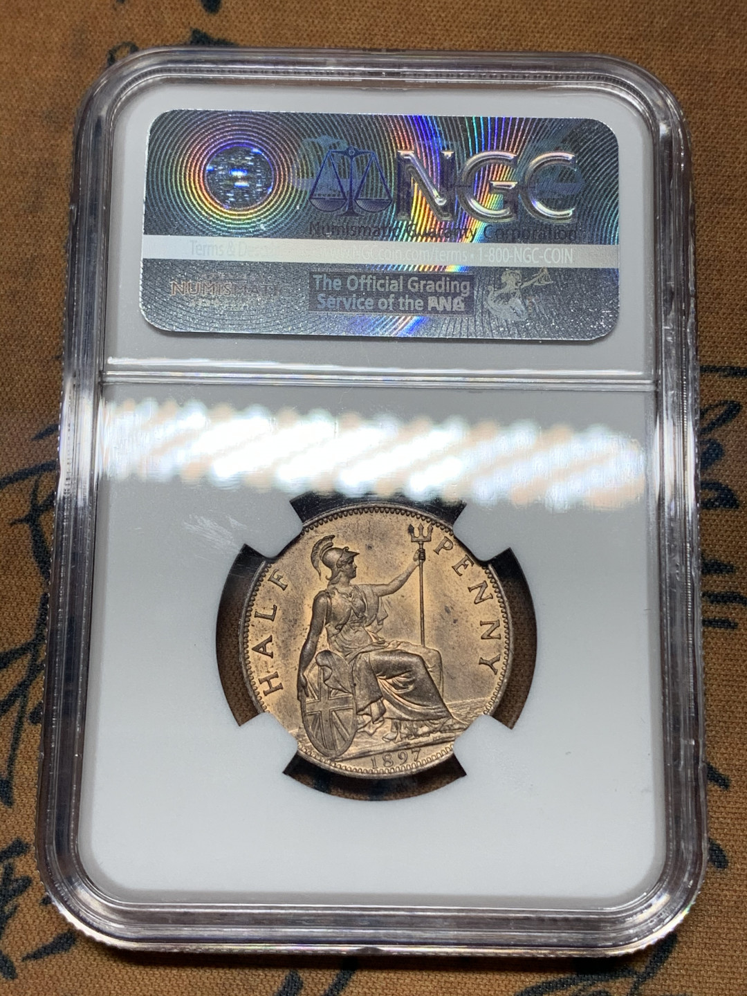 《竞宝斋》钱币微拍-第18场-本周日，周一2场连拍（全场顺丰包邮） NGC MS64RB 英国1897年1/2便士 HIGH SEA LEVEL NGC编号：4316416-006