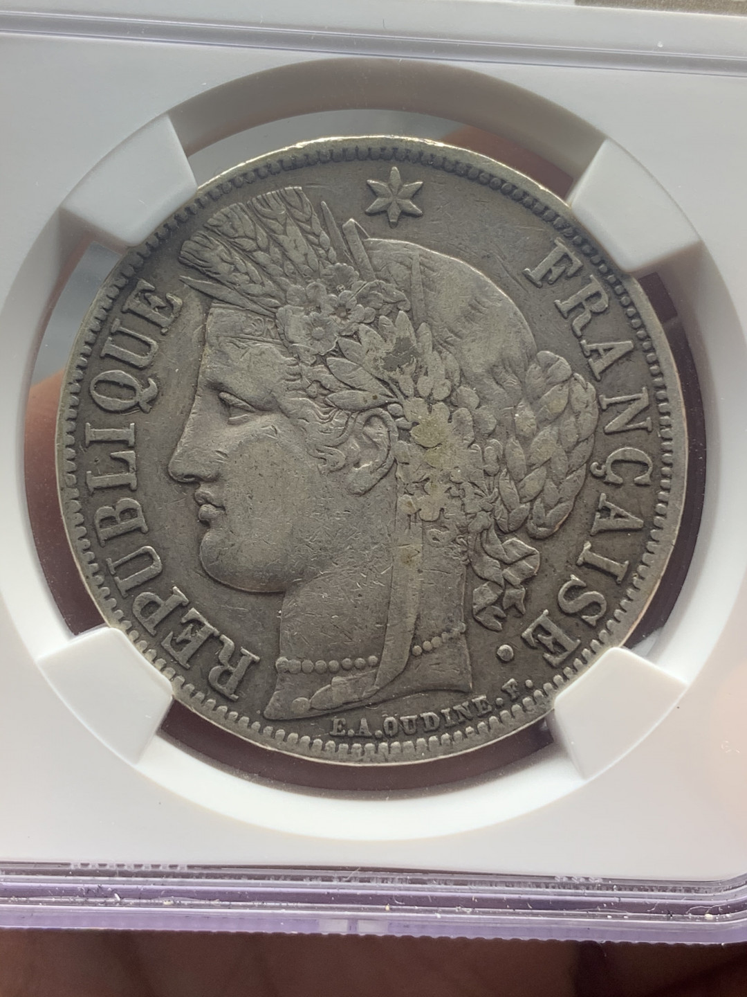 《竞宝斋》钱币微拍-第18场-本周日，周一2场连拍（全场顺丰包邮） NGC评级XF40 1870年法国谷物女神5法郎银币无字版 发行量仅64000枚，稀少