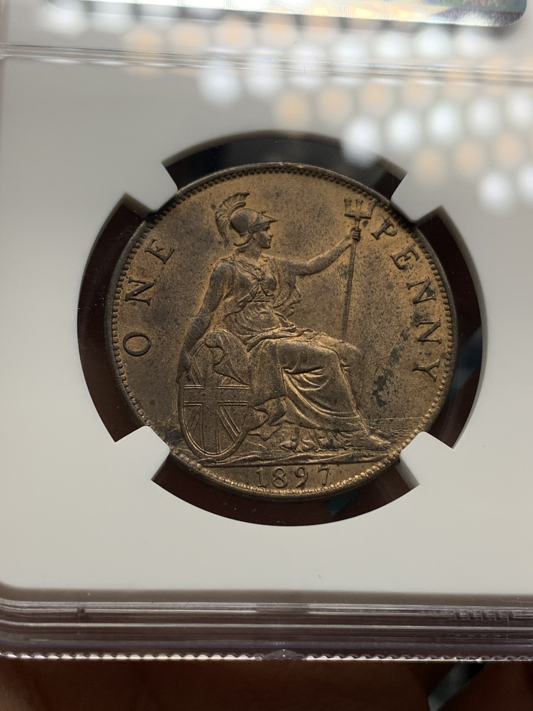 《竞宝斋》钱币微拍-第18场-本周日，周一2场连拍（全场顺丰包邮） NGC MS63RB 英国1897年1便士 LOW SEA LEVEL NGC编号：2067960-002