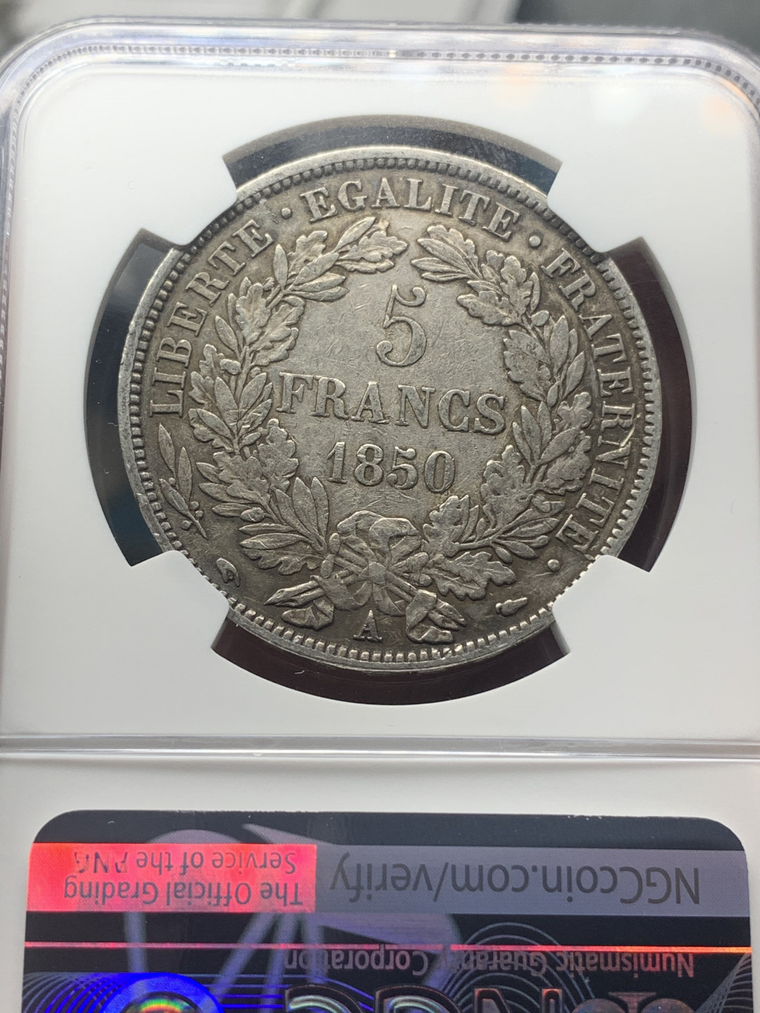 《竞宝斋》钱币微拍-第18场-本周日，周一2场连拍（全场顺丰包邮） NGC-AU50 法国 1850年 5法郎 谷物女神 银币 原味老包浆