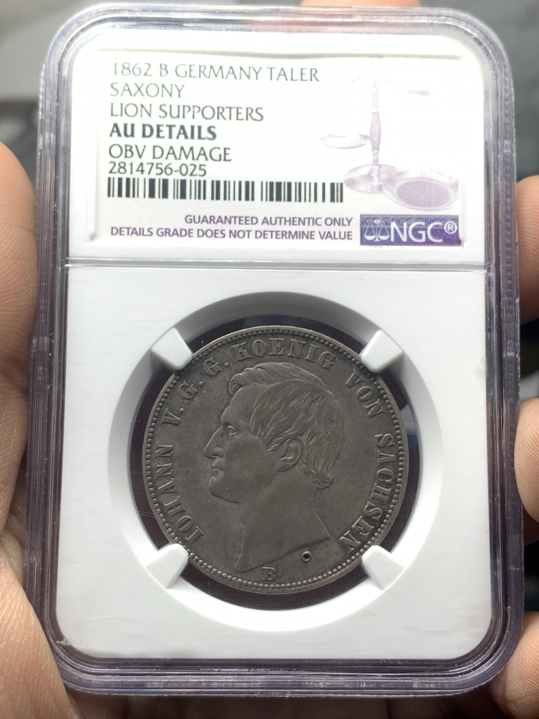 《竞宝斋》钱币微拍-第18场-本周日，周一2场连拍（全场顺丰包邮） NGC-AU 德国萨克森 1862年 约翰五世双狮1泰勒 原味老包浆