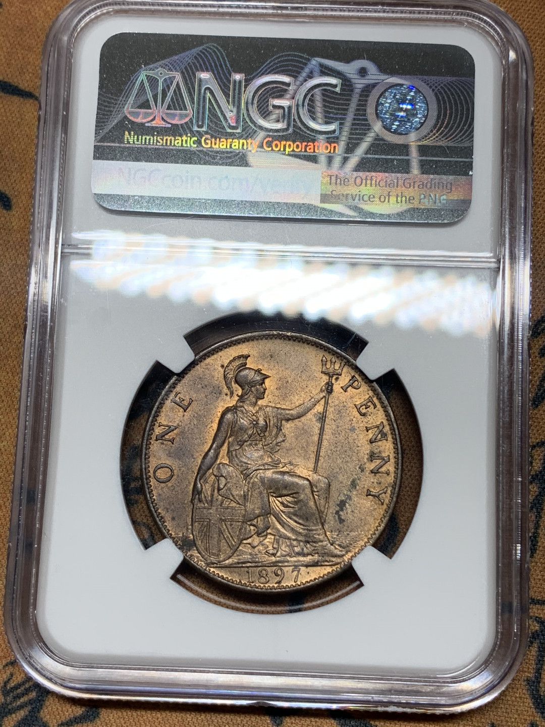 《竞宝斋》钱币微拍-第18场-本周日，周一2场连拍（全场顺丰包邮） NGC MS63RB 英国1897年1便士 LOW SEA LEVEL NGC编号：2067960-002