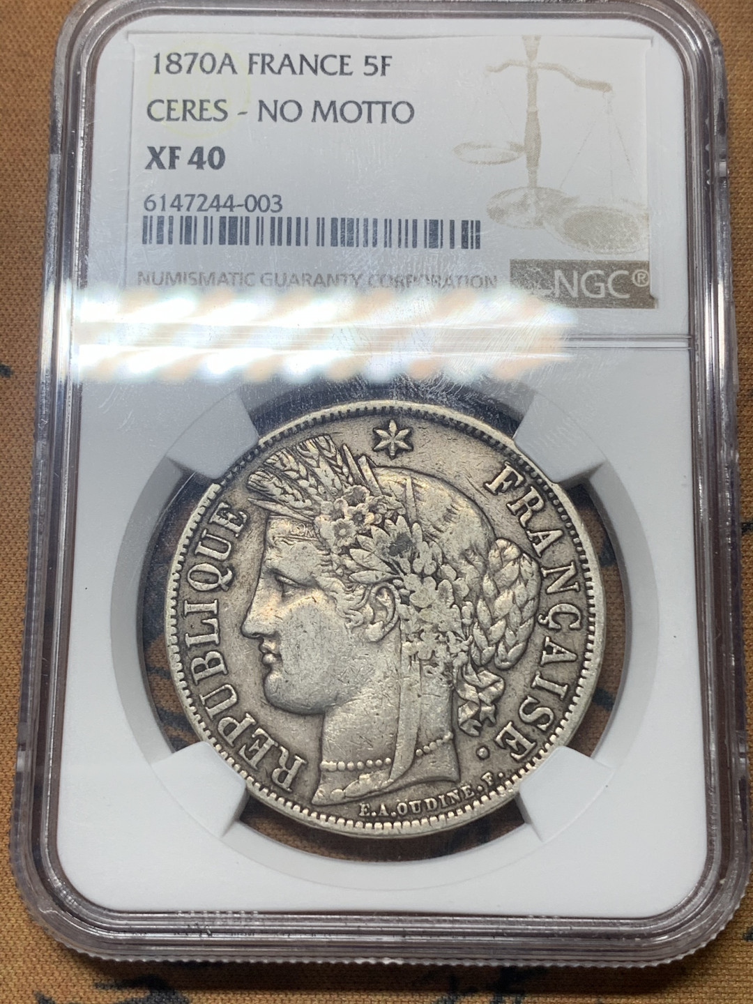 《竞宝斋》钱币微拍-第18场-本周日，周一2场连拍（全场顺丰包邮） NGC评级XF40 1870年法国谷物女神5法郎银币无字版 发行量仅64000枚，稀少