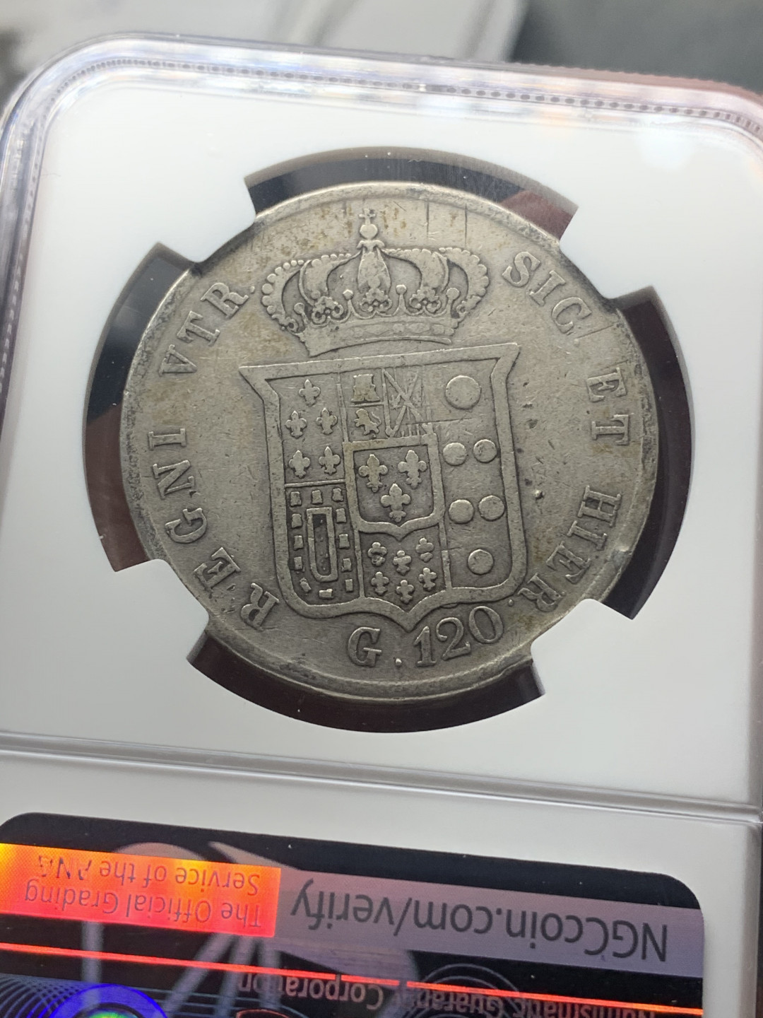 《竞宝斋》钱币微拍-第18场-本周日，周一2场连拍（全场顺丰包邮） NGC-VF 意大利 1854年 那不勒斯和西西里120格雷纳银币 小头版