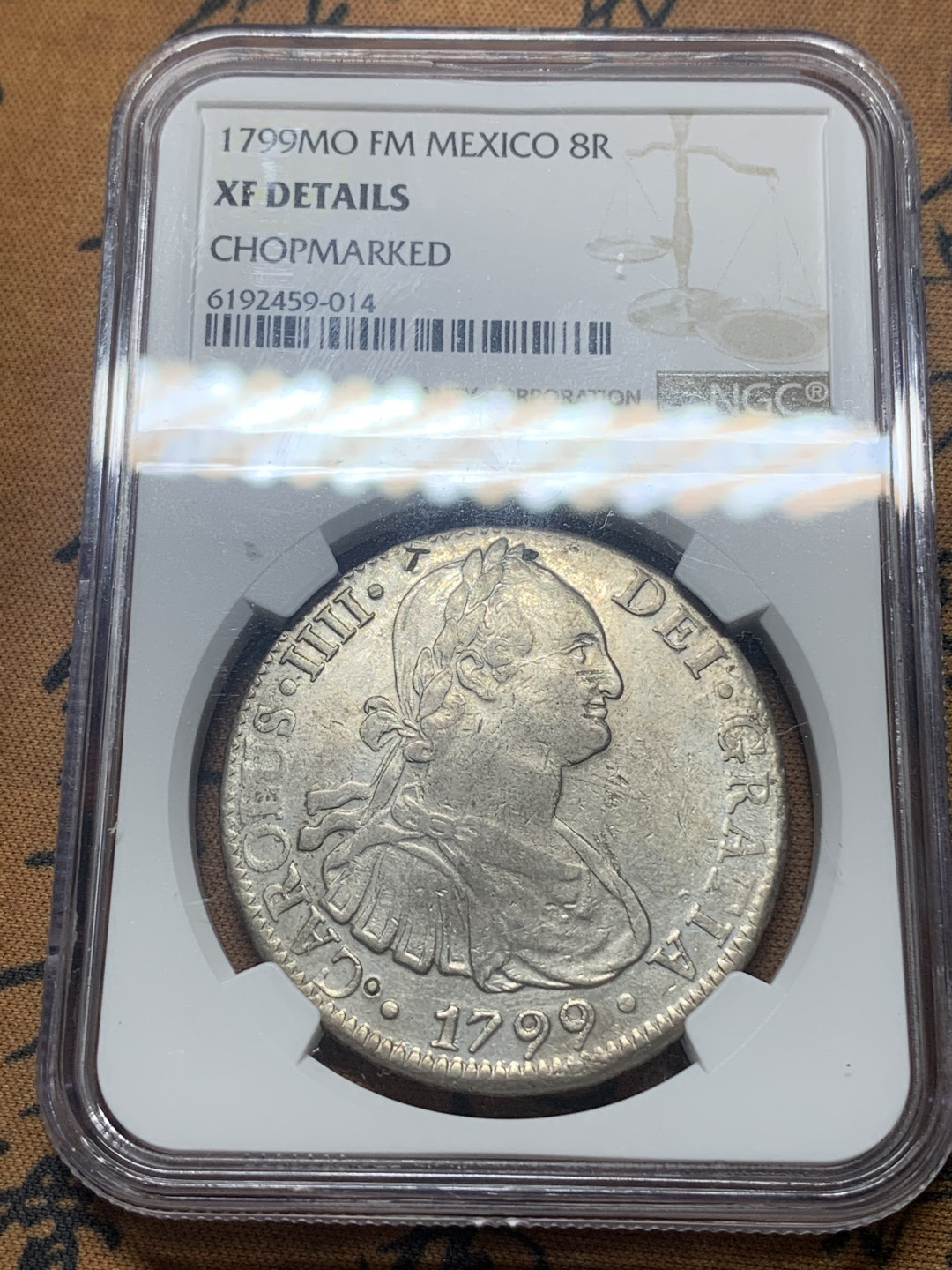 《竞宝斋》钱币微拍-第18场-本周日，周一2场连拍（全场顺丰包邮） NGC 评级 墨西哥 1799年 卡四 8R 大银币 正反深打 底面底光 有小戳