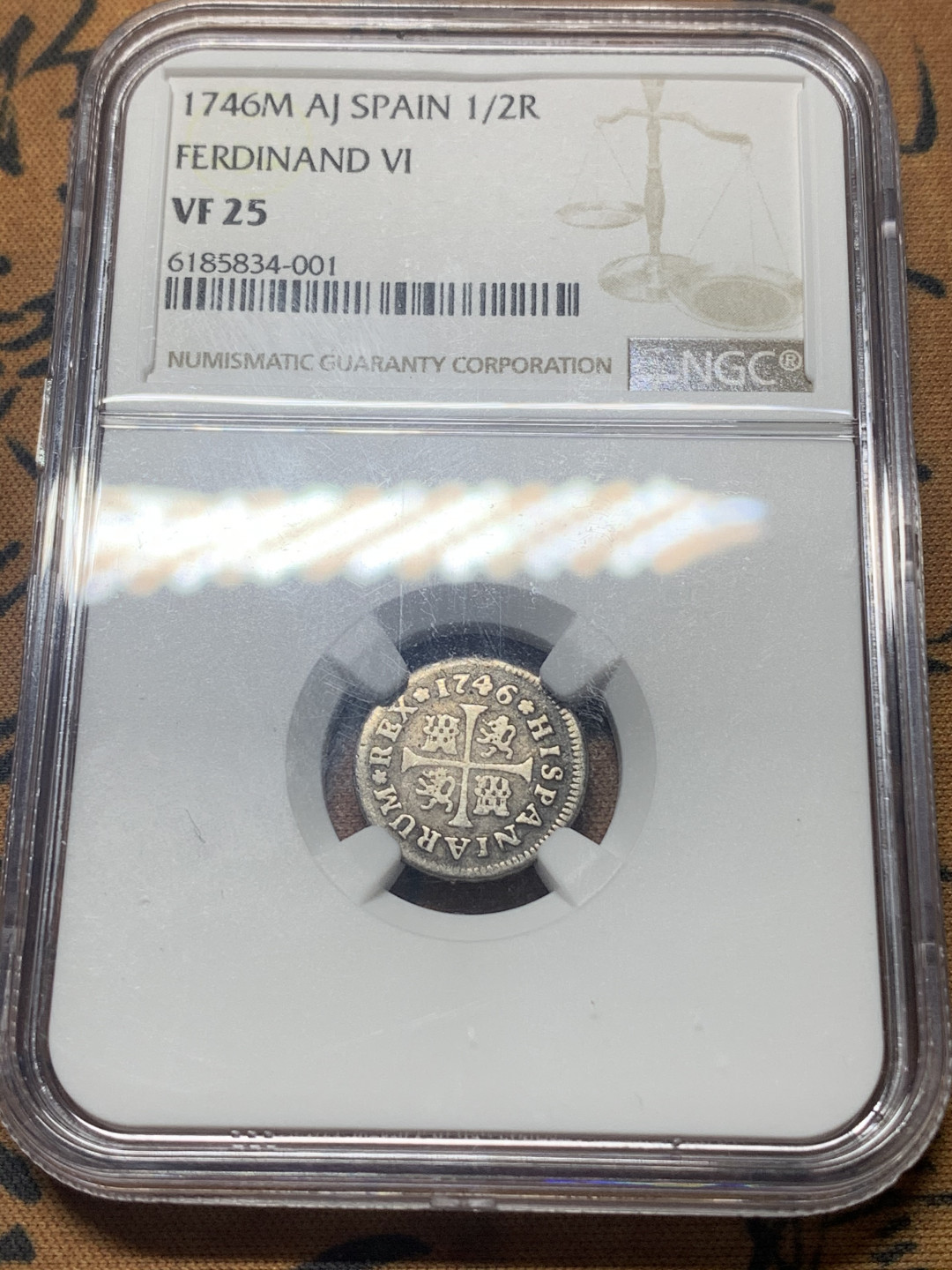 《竞宝斋》钱币微拍-第18场-本周日，周一2场连拍（全场顺丰包邮） NGC-VF25 西班牙 1746年 1/2里亚尔 费迪南六世 十字银币原味老包浆 及其少见