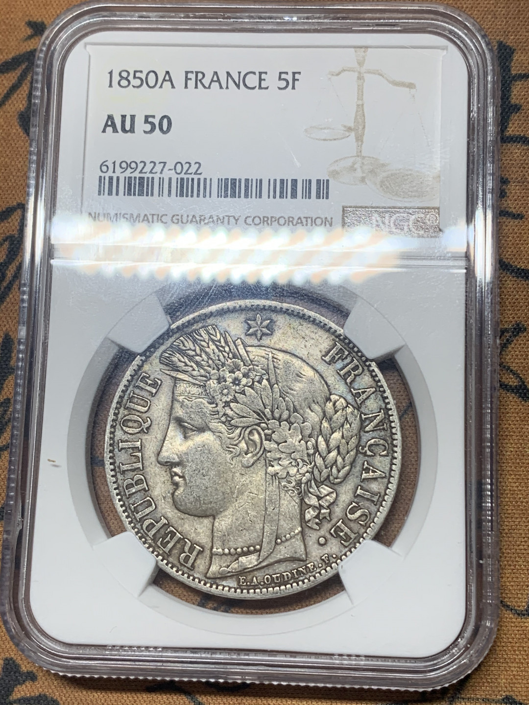 《竞宝斋》钱币微拍-第18场-本周日，周一2场连拍（全场顺丰包邮） NGC-AU50 法国 1850年 5法郎 谷物女神 银币 原味老包浆