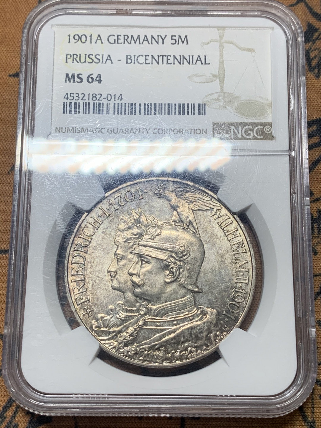 《竞宝斋》钱币微拍-第18场-本周日，周一2场连拍（全场顺丰包邮） ngc-ms64 1901年 普鲁士建国马克 双面深灰五彩包浆 