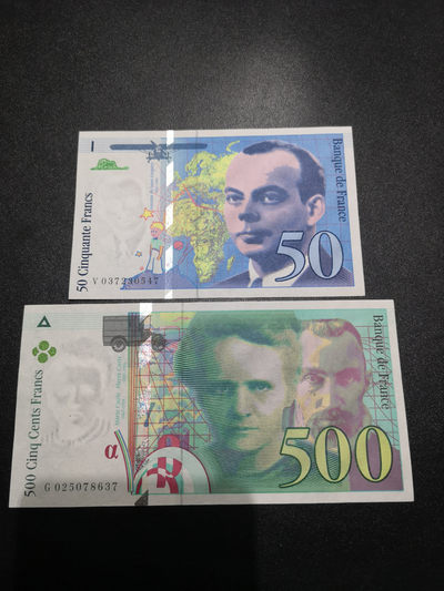 《外钞收藏家》第一百五十期拍卖（裸币专场）（需要高清图请私信联系我） - 法国末版500法郎 近全新边轻微潮 50法郎AU品相