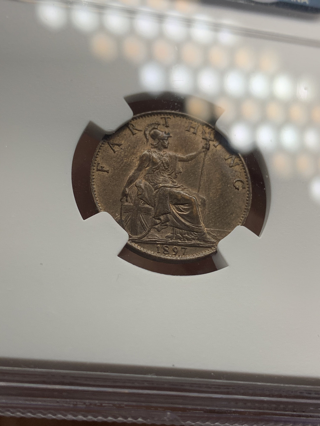 《竞宝斋》钱币微拍-第18场-本周日，周一2场连拍（全场顺丰包邮） NGC MS63RB 英国1897年1/4便士 UNBLACKENED NGC编号：4896060-086