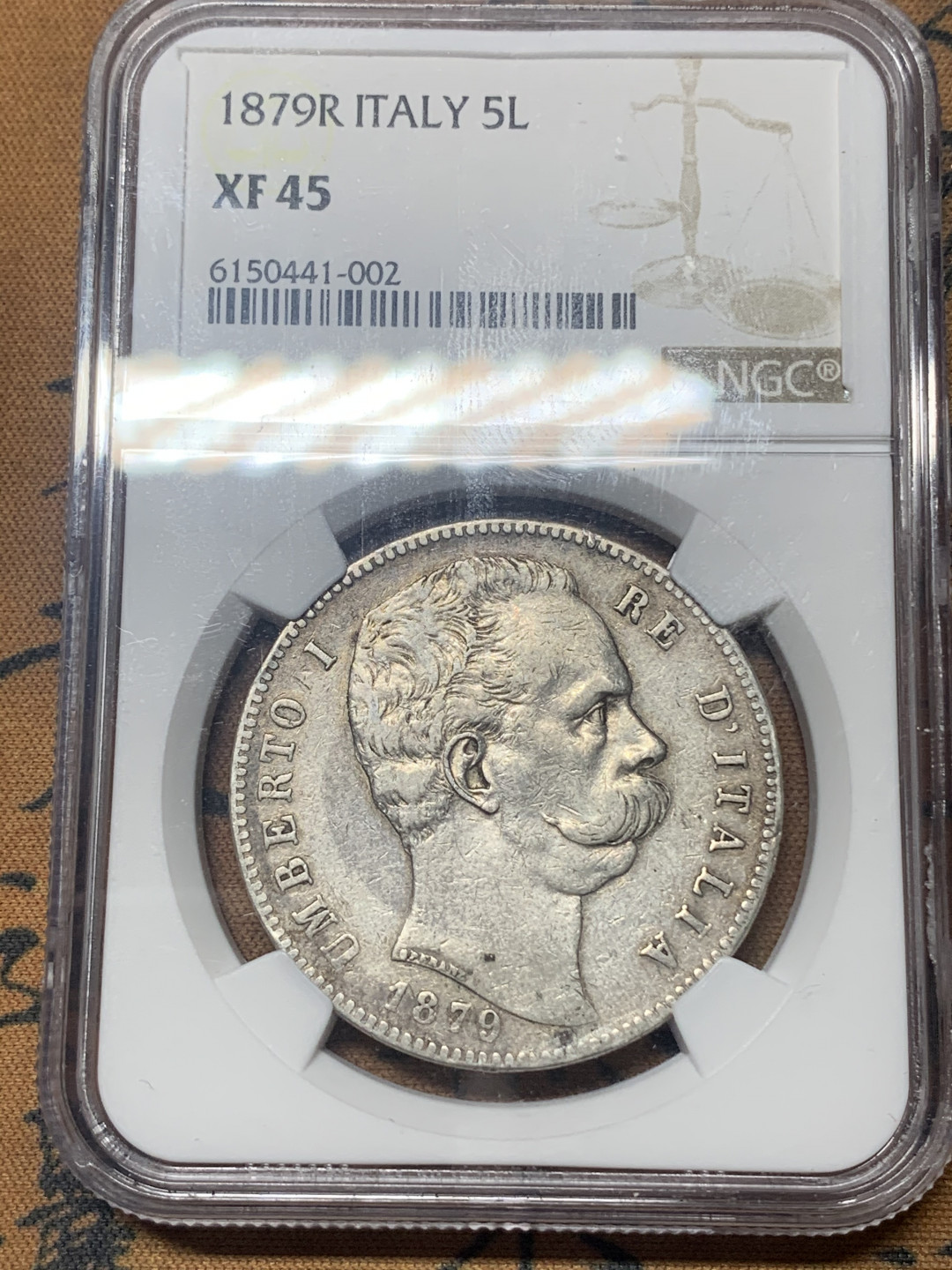 《竞宝斋》钱币微拍-第18场-本周日，周一2场连拍（全场顺丰包邮） NGC评级XF45 1879年意大利翁贝托一世5里拉银币NGC评级XF45