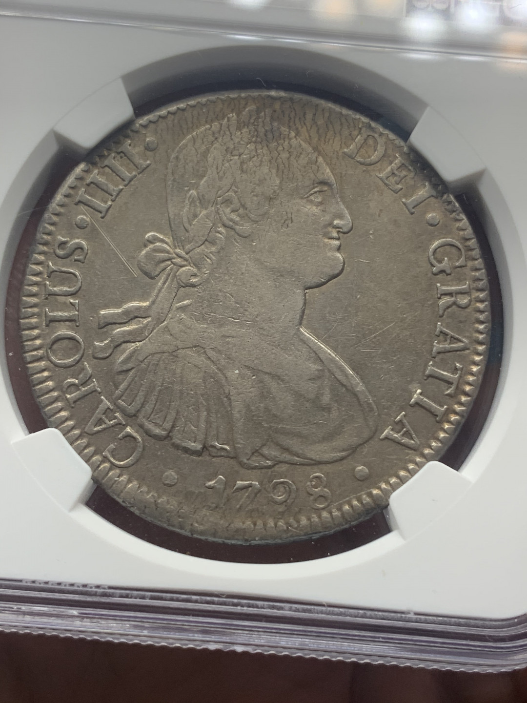 《竞宝斋》钱币微拍-第18场-本周日，周一2场连拍（全场顺丰包邮） NGC 评级 墨西哥 1798年 卡四 8R 大银币 正反深打 原味包浆