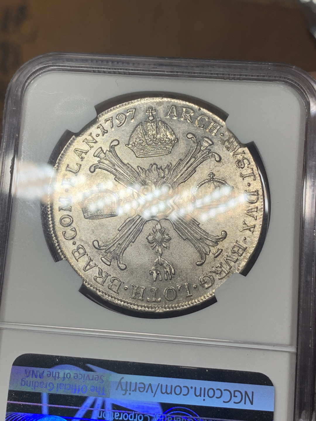 《竞宝斋》钱币微拍-第18场-本周日，周一2场连拍（全场顺丰包邮） NGC评级AU53 1797年奥属尼德兰1泰勒大银币 光度感人，亚军分