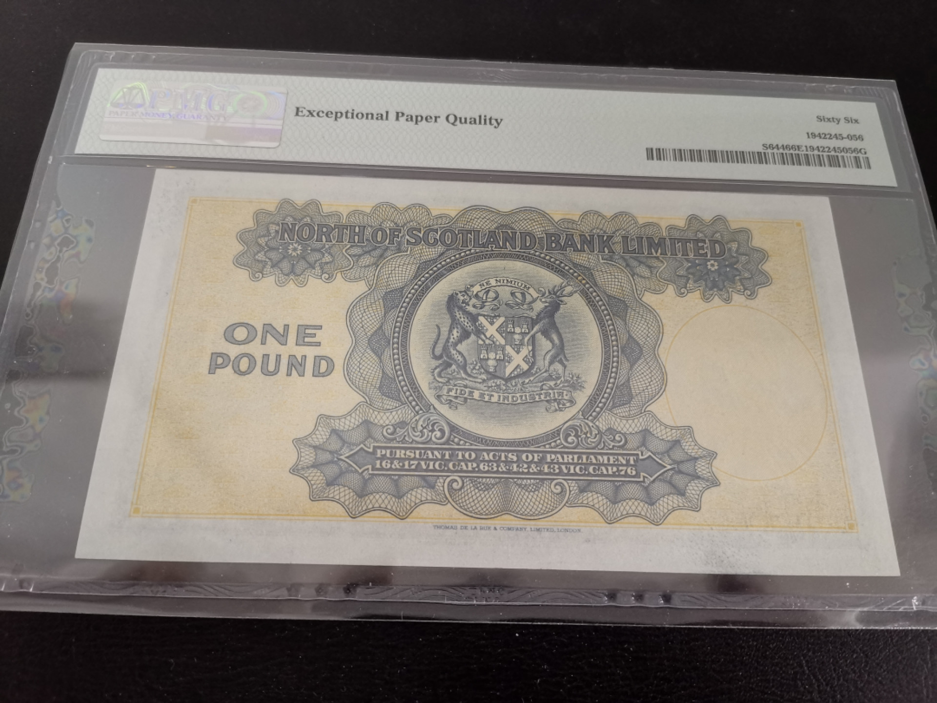 《张总收藏》43期—高分名誉 1945年早期少见版本苏格兰North of Scotland Bank一镑PMG66E无4