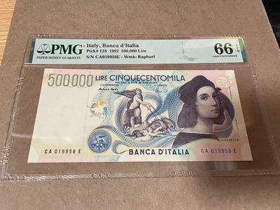 【Blue Auction】世界纸币精拍第144期——Georgios Stavros（共89拍） - 【升值品种】意大利 1997年50万里拉 经典拉斐尔 PMG66EPQ 