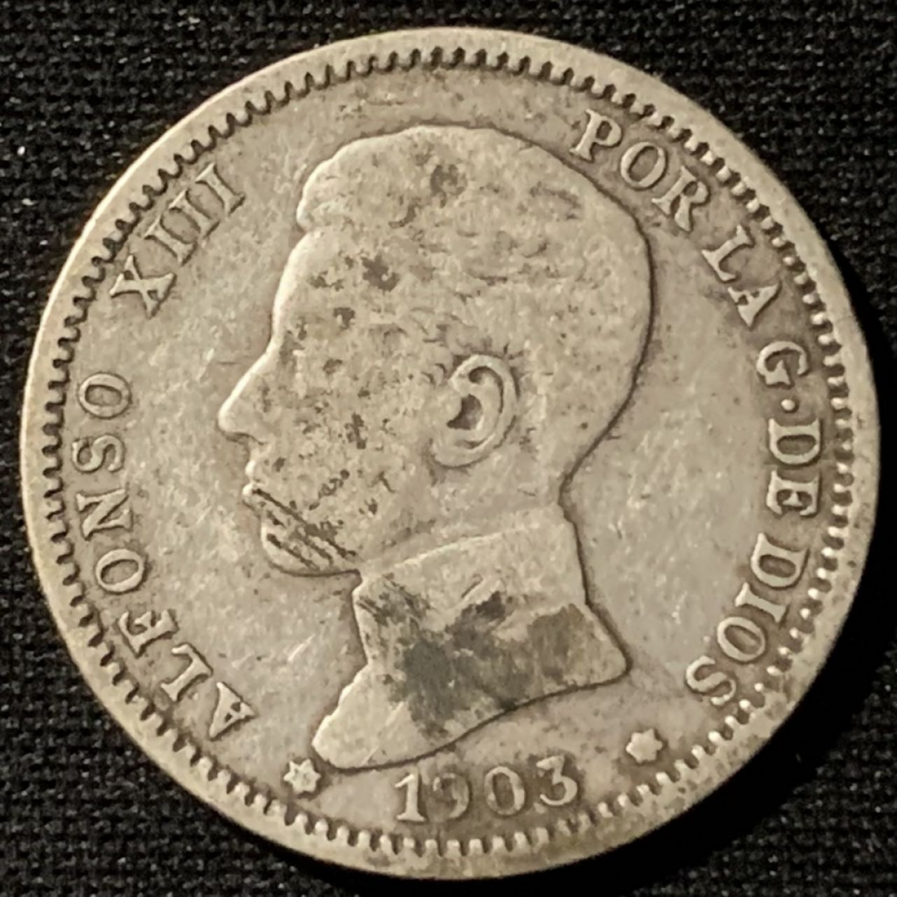 紫瑗钱币——第162期拍卖 西班牙 1903年 阿方索十三世 少年头 1比塞塔 5克 0.835银