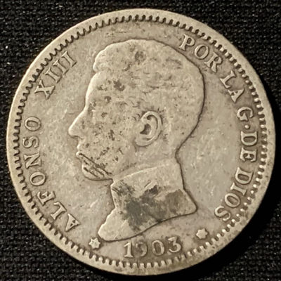 紫瑗钱币——第162期拍卖 - 西班牙 1903年 阿方索十三世 少年头 1比塞塔 5克 0.835银