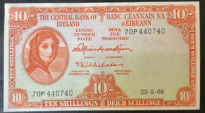 小福收藏拍卖第40期 外币裸钞场  本期有阿尔及利亚1964版 法罗群岛500 1000克朗等多国精美纸币 - 爱尔兰 1966年 10元 数3 紫外有轻微潮点 unc