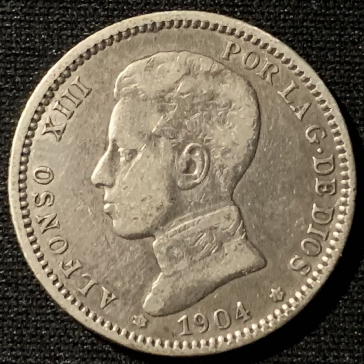 紫瑗钱币——第162期拍卖 西班牙 1904年 阿方索十三世 少年头 1比塞塔 5克 0.835银