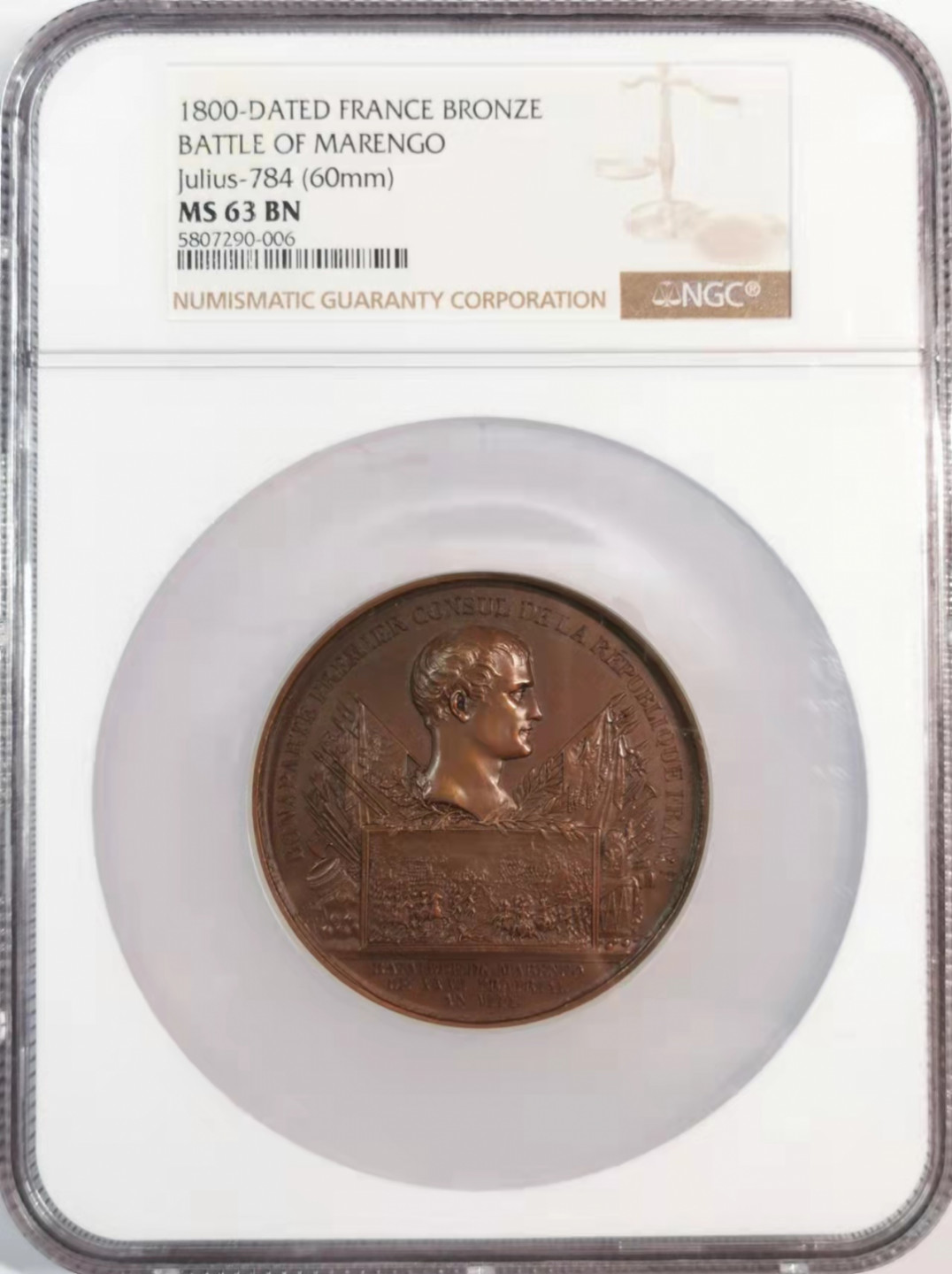 凡希社世界钱币微拍第一百八十期 荐！1800法国拿破仑马伦哥会战纪念铜章NGC-MS63经典战争品种！