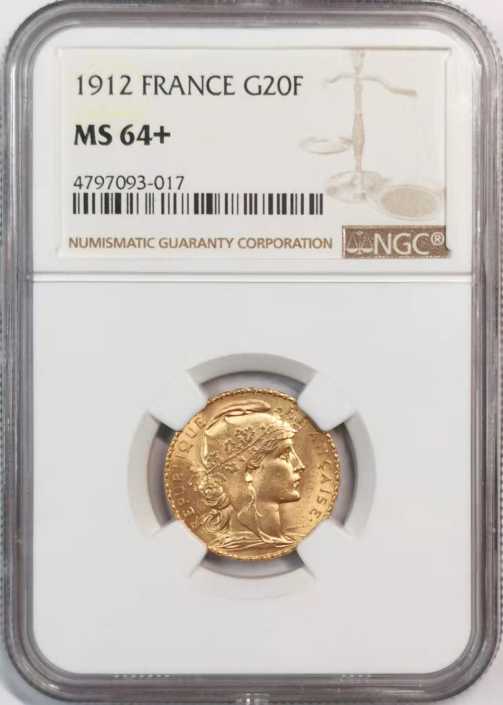 凡希社世界钱币微拍第一百八十期 1912法国自由女神20法郎金币NGC-MS64+