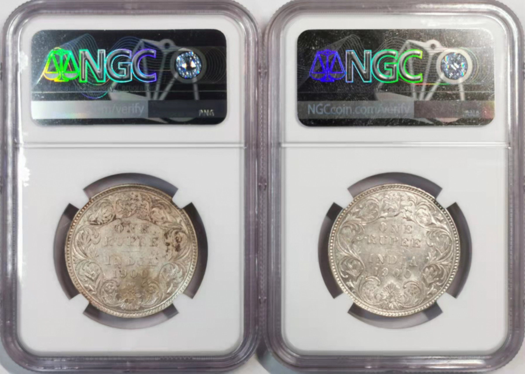 凡希社世界钱币微拍第一百八十期 1900B&C英属印度小维卢比一对NGC-AU58