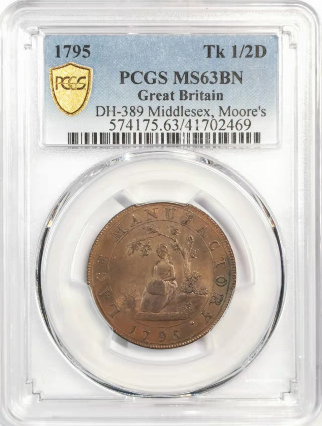 凡希社世界钱币微拍第一百八十期 荐！1795英国米德尔塞克斯1/2便士TKN织蕾丝的女孩PCGS-MS63稀少品种！