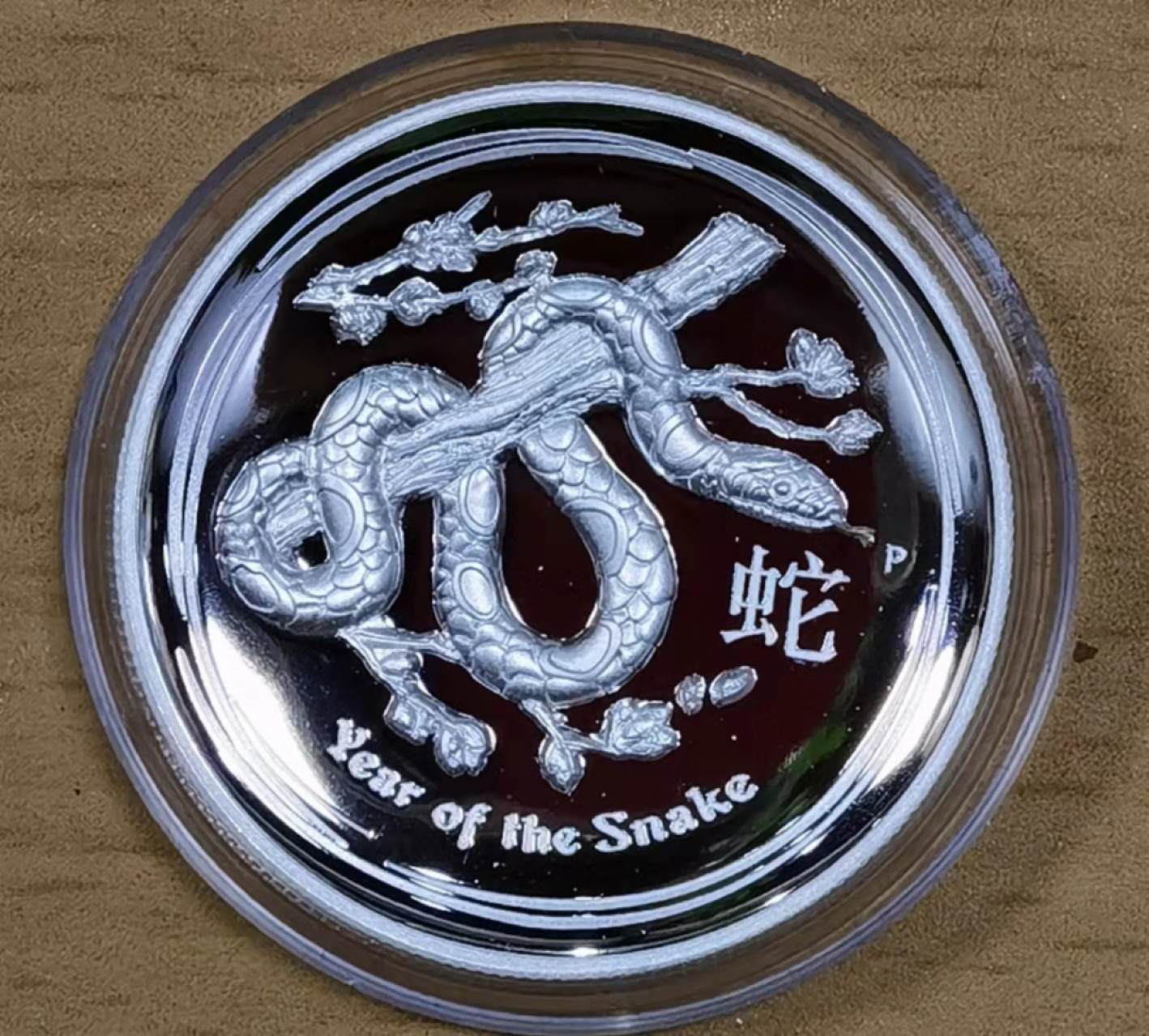 北京马甸外国钱币专卖微拍第六十六期，外国金银币专场，陆续上新欢迎关注 2013年澳大利亚1盎司加厚生肖蛇，塑料有一小磕，币完美（如图）