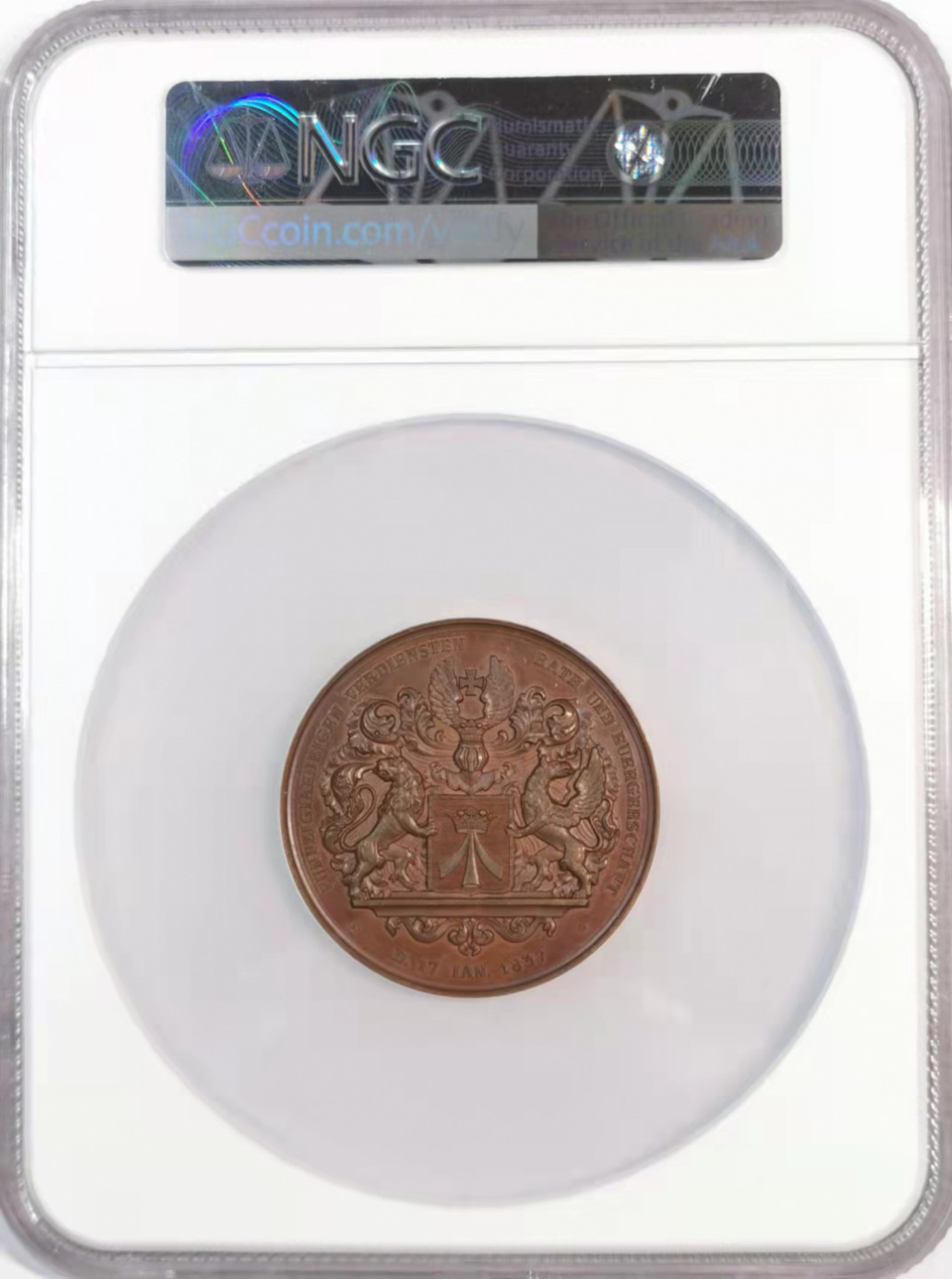 凡希社世界钱币微拍第一百八十期 1837德国施特拉尔松德神父巴斯纪念铜章NGC-MS64铜色优美