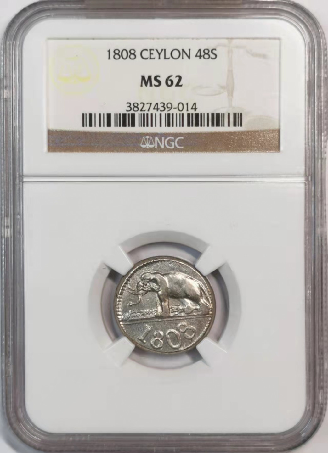 凡希社世界钱币微拍第一百八十期 荐！1808英属锡兰打制大象48ST银饼NGC-MS62稀有品相！