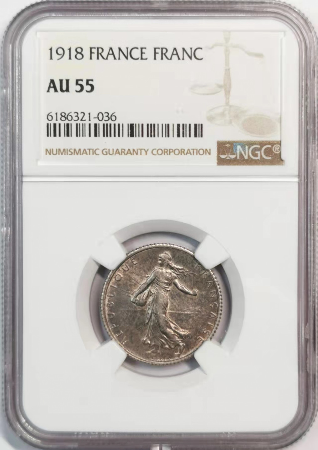 凡希社世界钱币微拍第一百八十期 1918法国播种法郎NGC-AU55