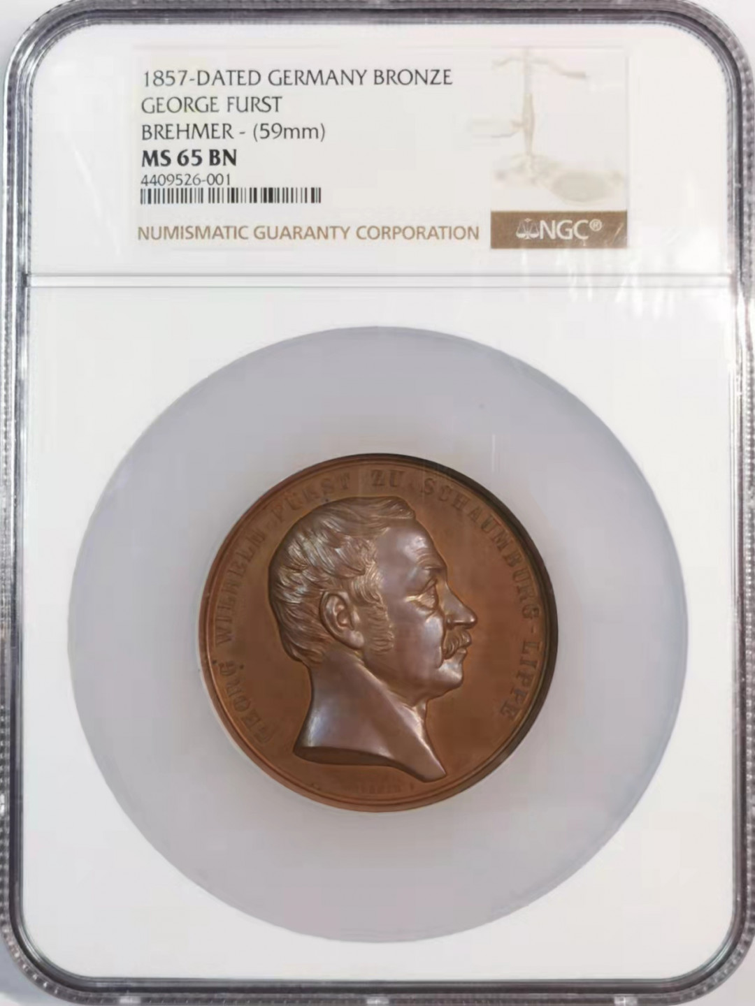 凡希社世界钱币微拍第一百八十期   1857年德国绍姆堡利珀纪念铜章NGC-MS65高分收藏级！