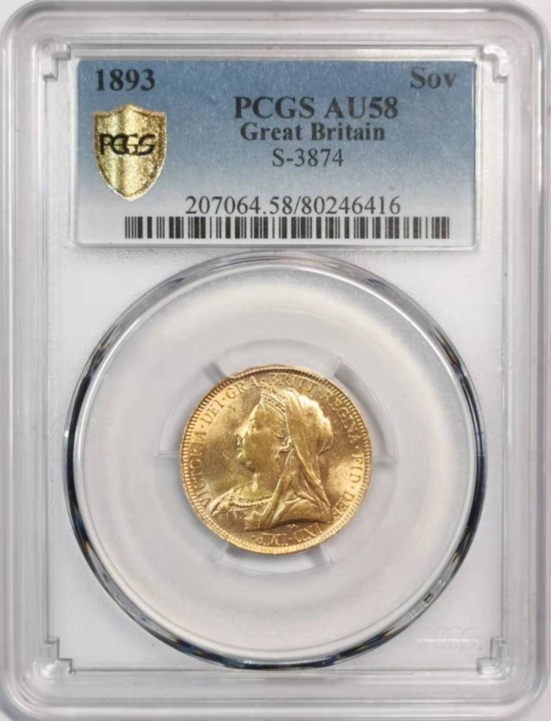 凡希社世界钱币微拍第一百八十期 1893英国维多利亚金索维林PCGS-AU58