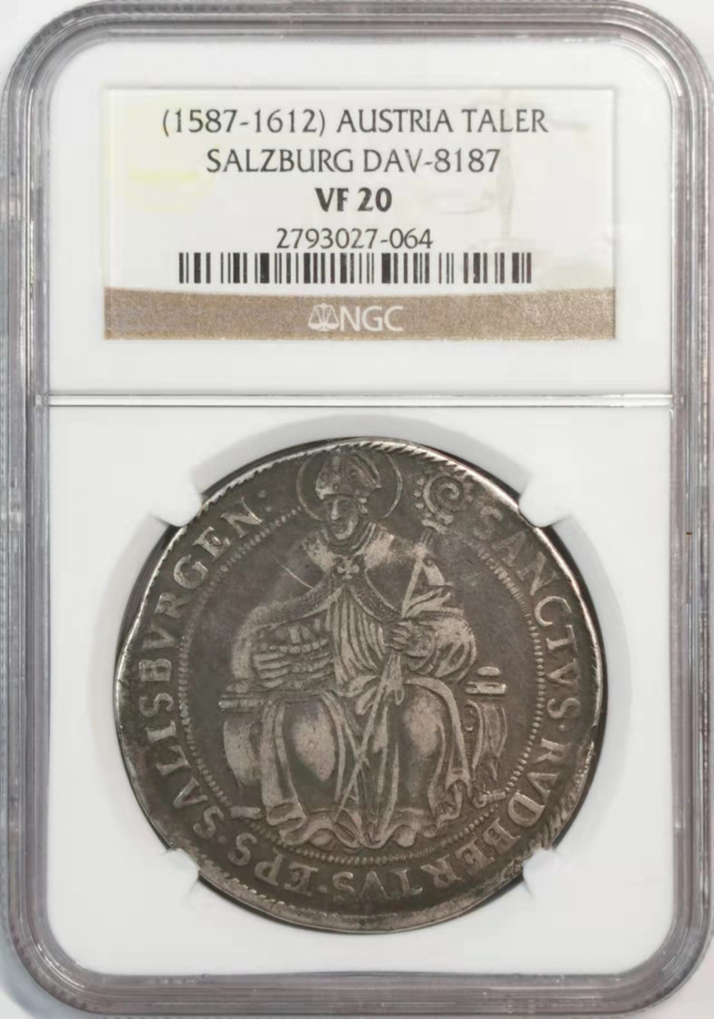 凡希社世界钱币微拍第一百八十期 1587-1612奥地利萨尔茨堡主教区泰勒大银NGC-VF20原味品
