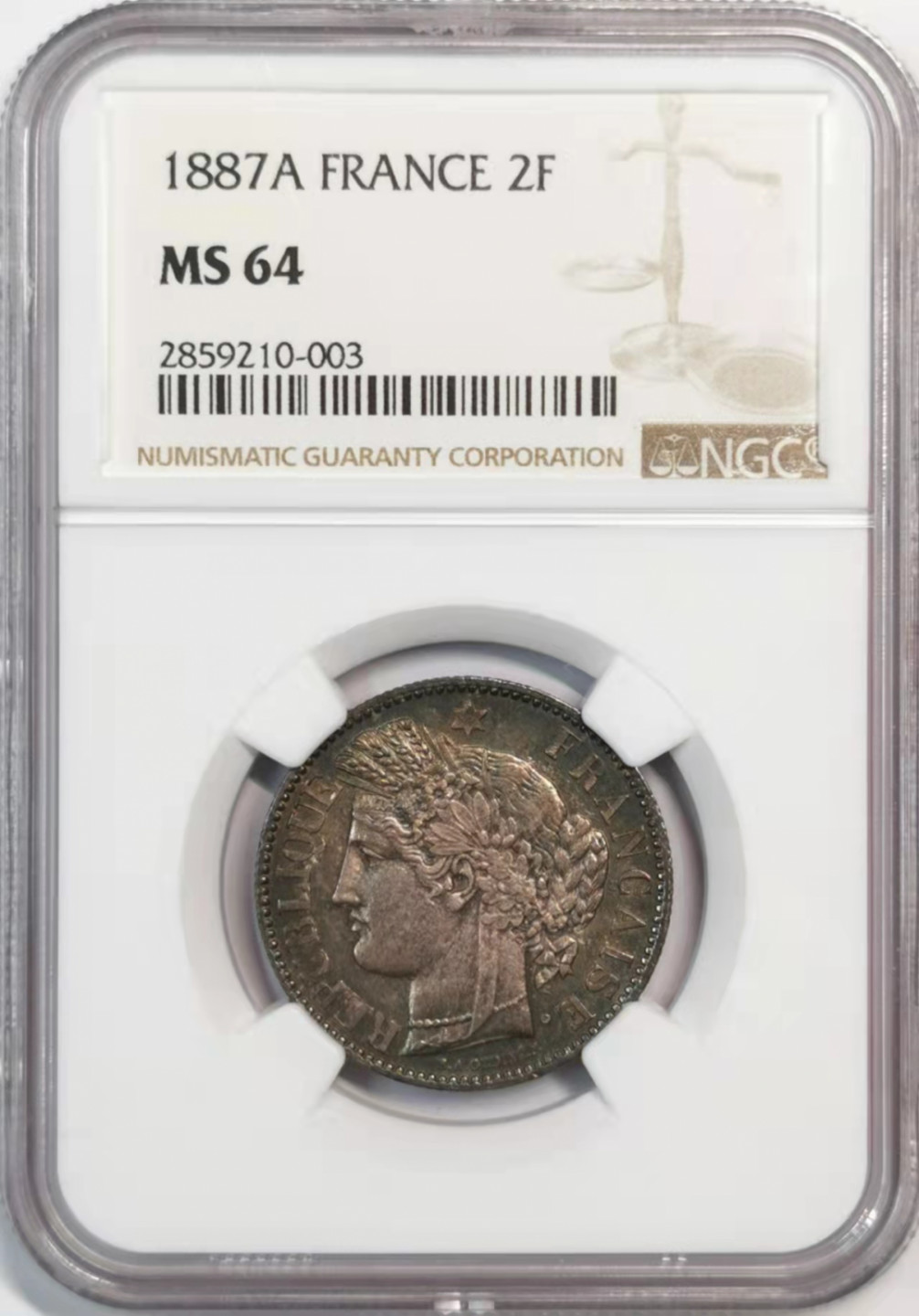 凡希社世界钱币微拍第一百八十期 荐！1887A法国谷物女神2法郎NGC-MS64厚重五彩！