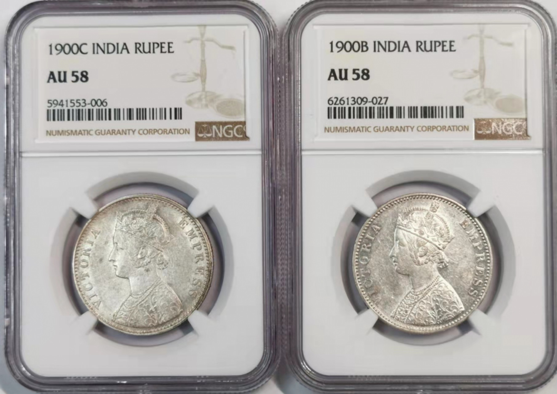 凡希社世界钱币微拍第一百八十期 1900B&C英属印度小维卢比一对NGC-AU58