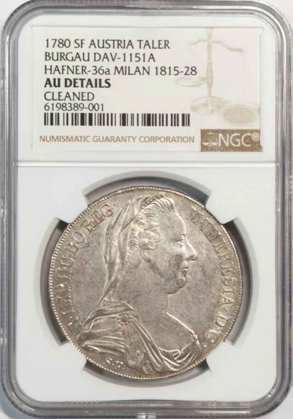 凡希社世界钱币微拍第一百八十期 1780奥地利布尔高特蕾莎泰勒大银NGC-AUD