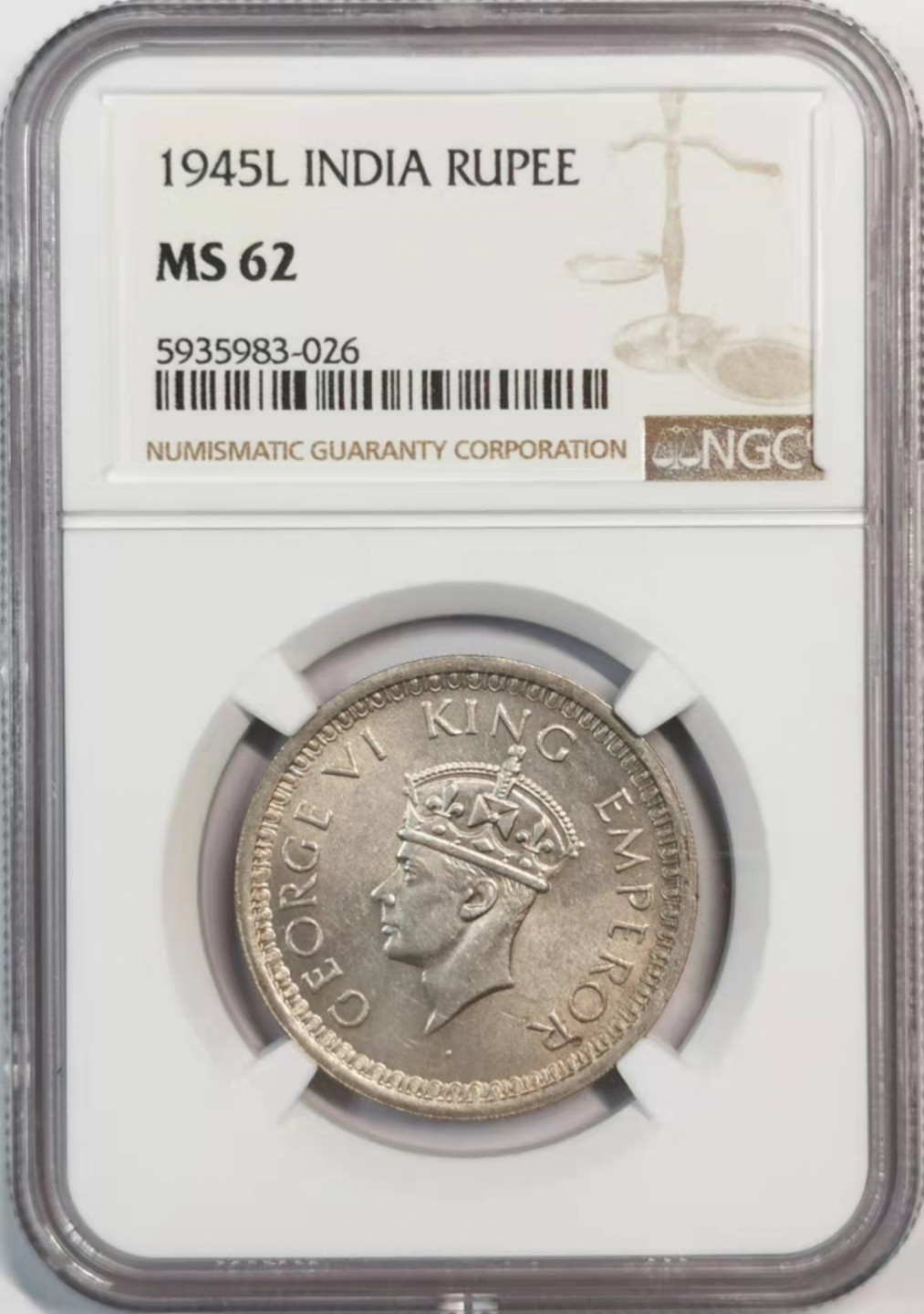 凡希社世界钱币微拍第一百八十期 1945L英属印度乔六卢比NGC-MS62