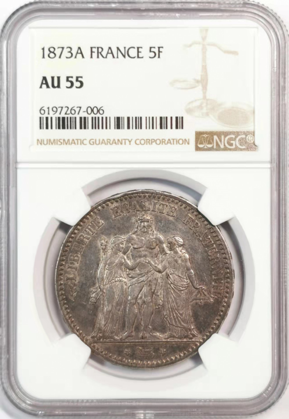 凡希社世界钱币微拍第一百八十期 1873法国大力神5法郎NGC-AU55