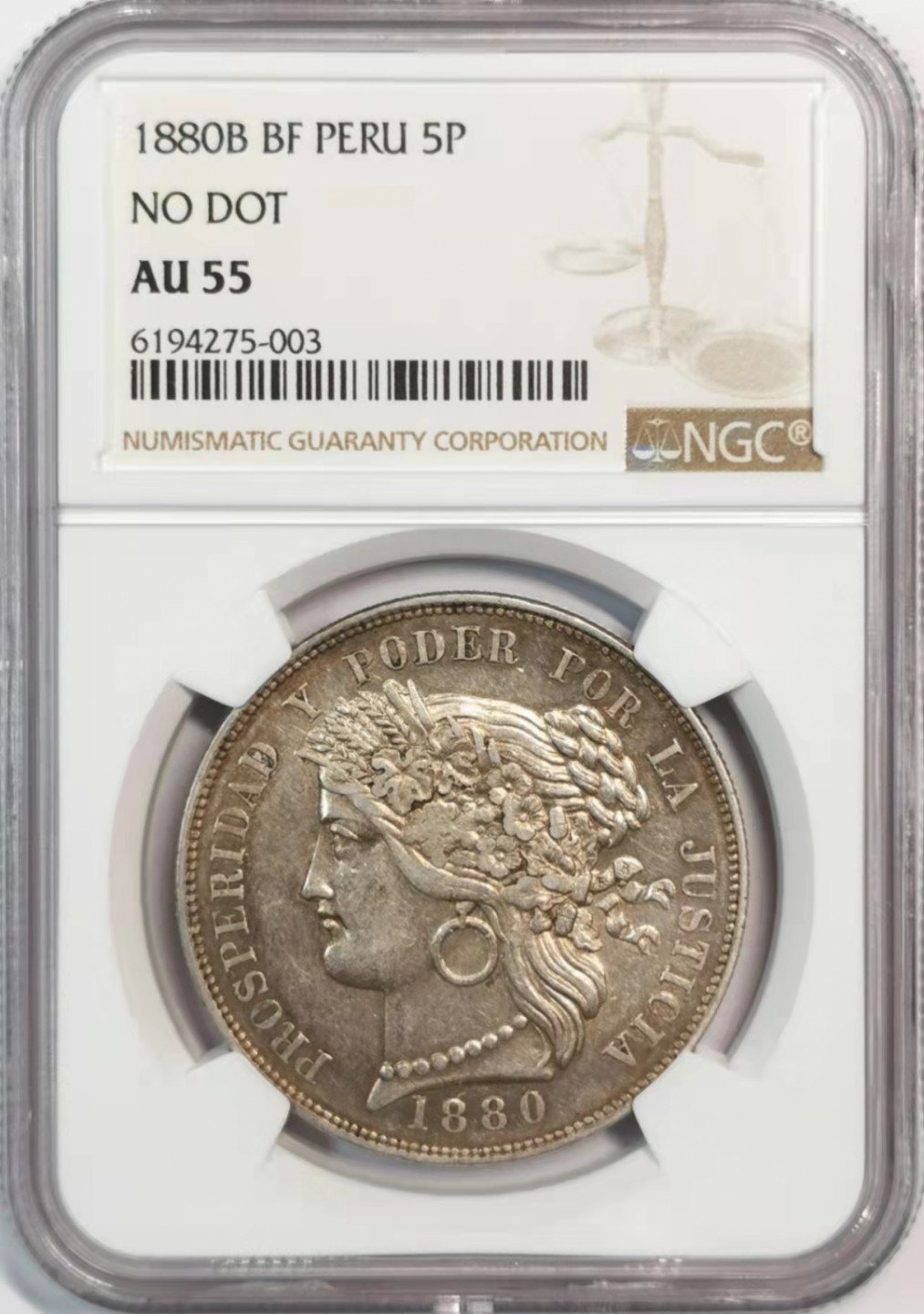 凡希社世界钱币微拍第一百八十期 1880秘鲁女神5P大银NGC-AU55