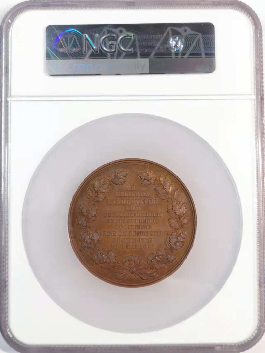 凡希社世界钱币微拍第一百八十期   1857年德国绍姆堡利珀纪念铜章NGC-MS65高分收藏级！