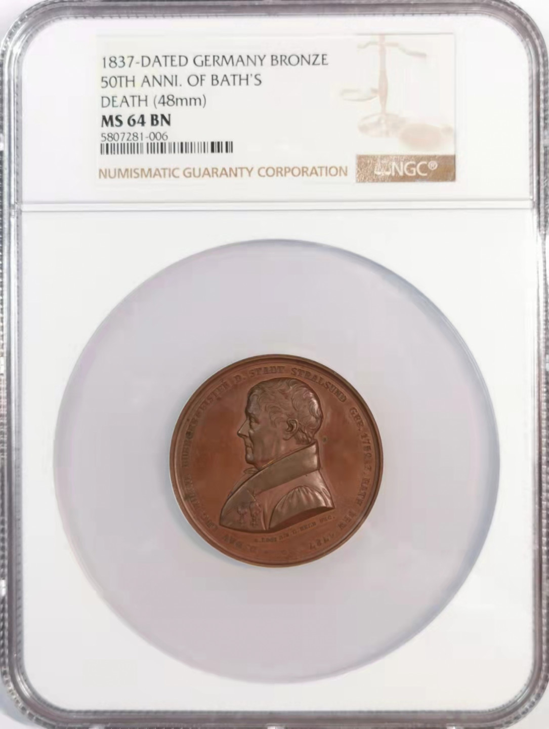 凡希社世界钱币微拍第一百八十期 1837德国施特拉尔松德神父巴斯纪念铜章NGC-MS64铜色优美