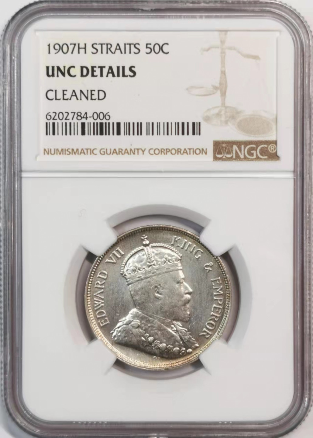 凡希社世界钱币微拍第一百八十期 1907H海峡爱七半圆NGC-UNCD细节锐利