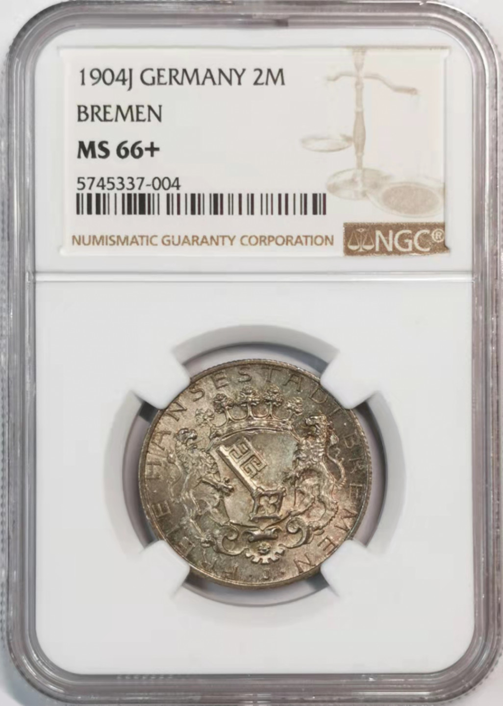 凡希社世界钱币微拍第一百八十期 荐！1904J不来梅2马克NGC-MS66+紫罗兰彩收藏级！