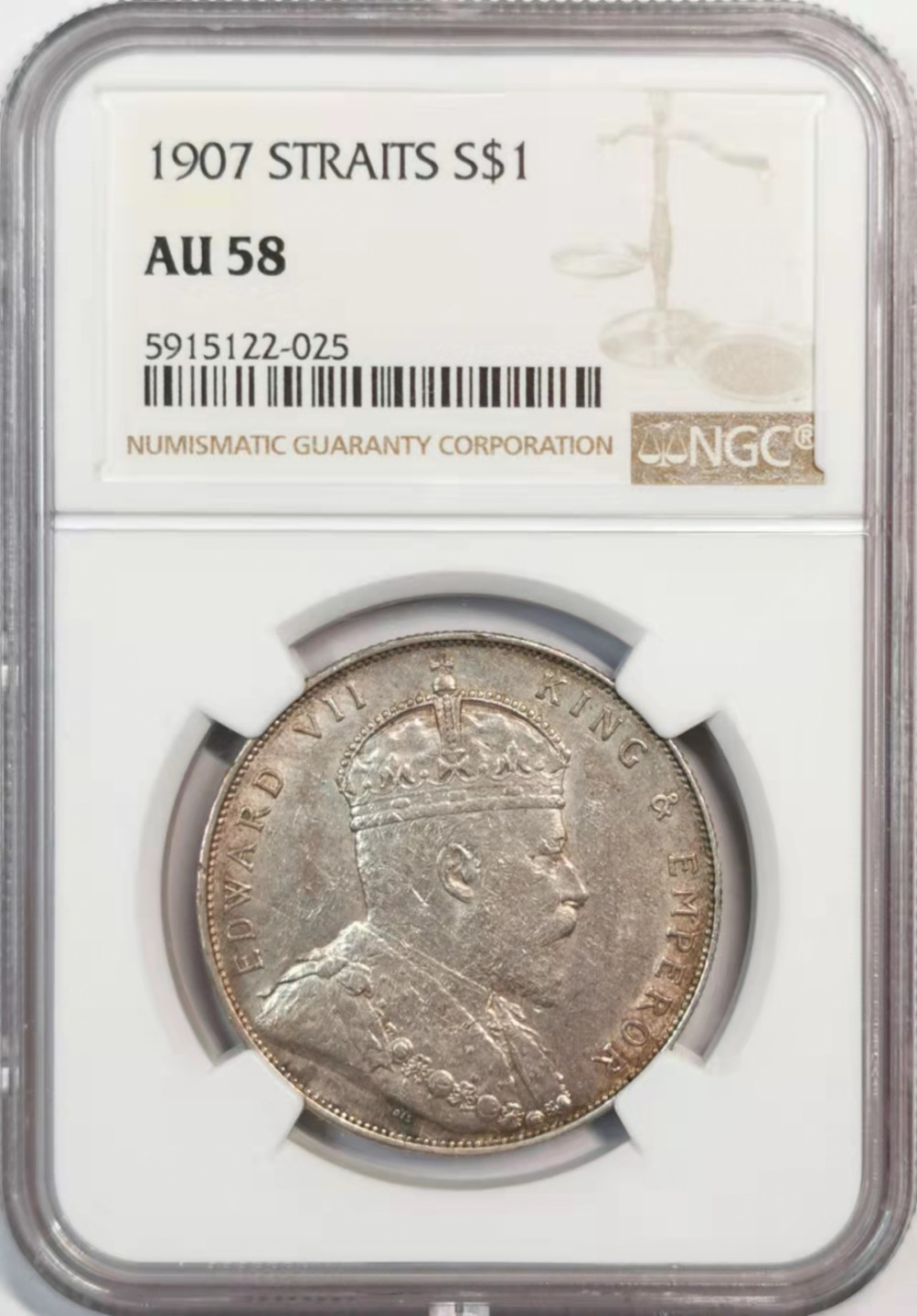 凡希社世界钱币微拍第一百八十期 1907海峡爱七壹圆NGC-AU58