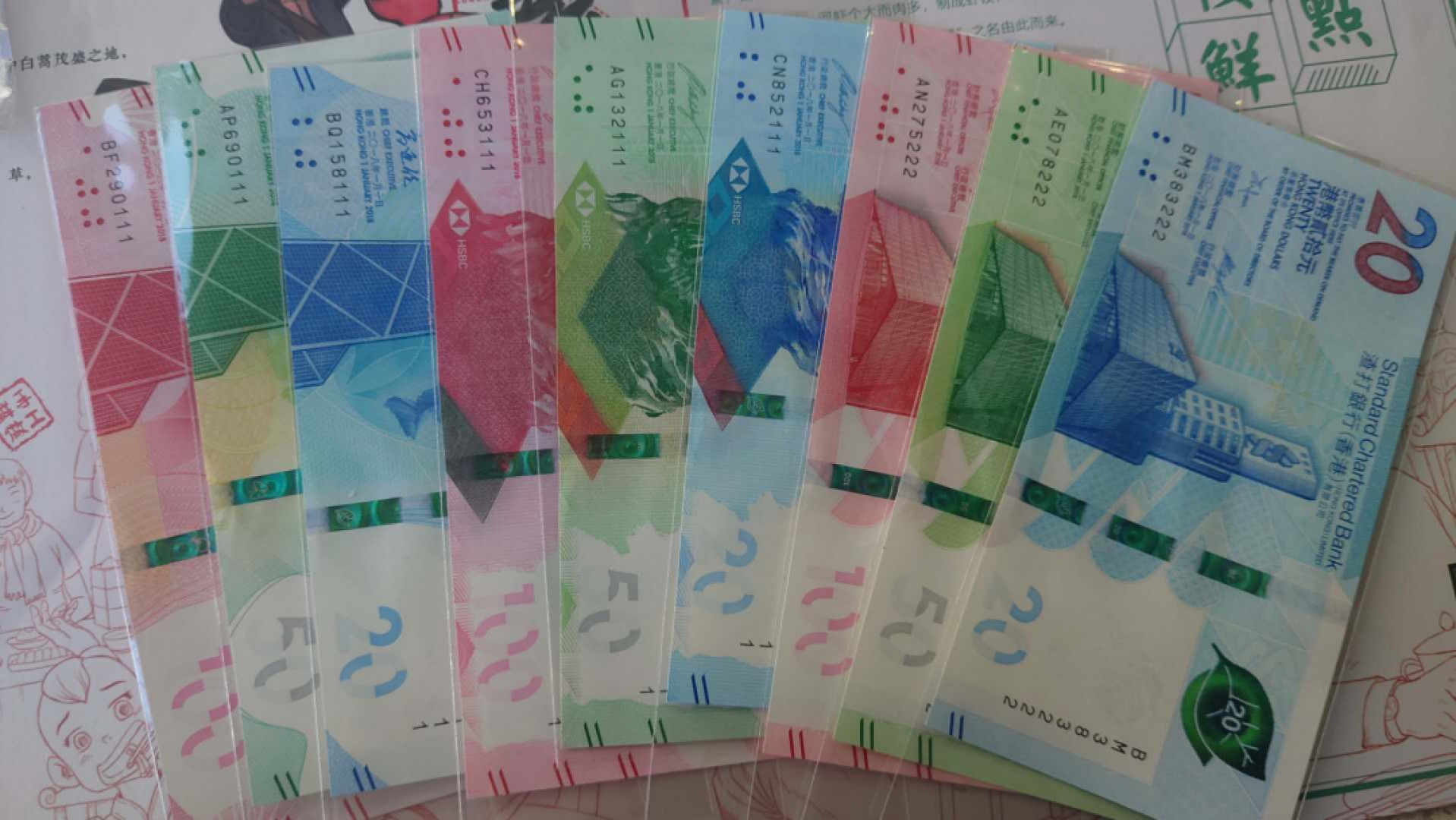 【囧羊收藏】精选微拍第41期暨2021年三十二期 港澳台币专场 2018香港汇丰中银渣打三行20+50+100 小全套共九张 全程无4豹子号 全新UNC