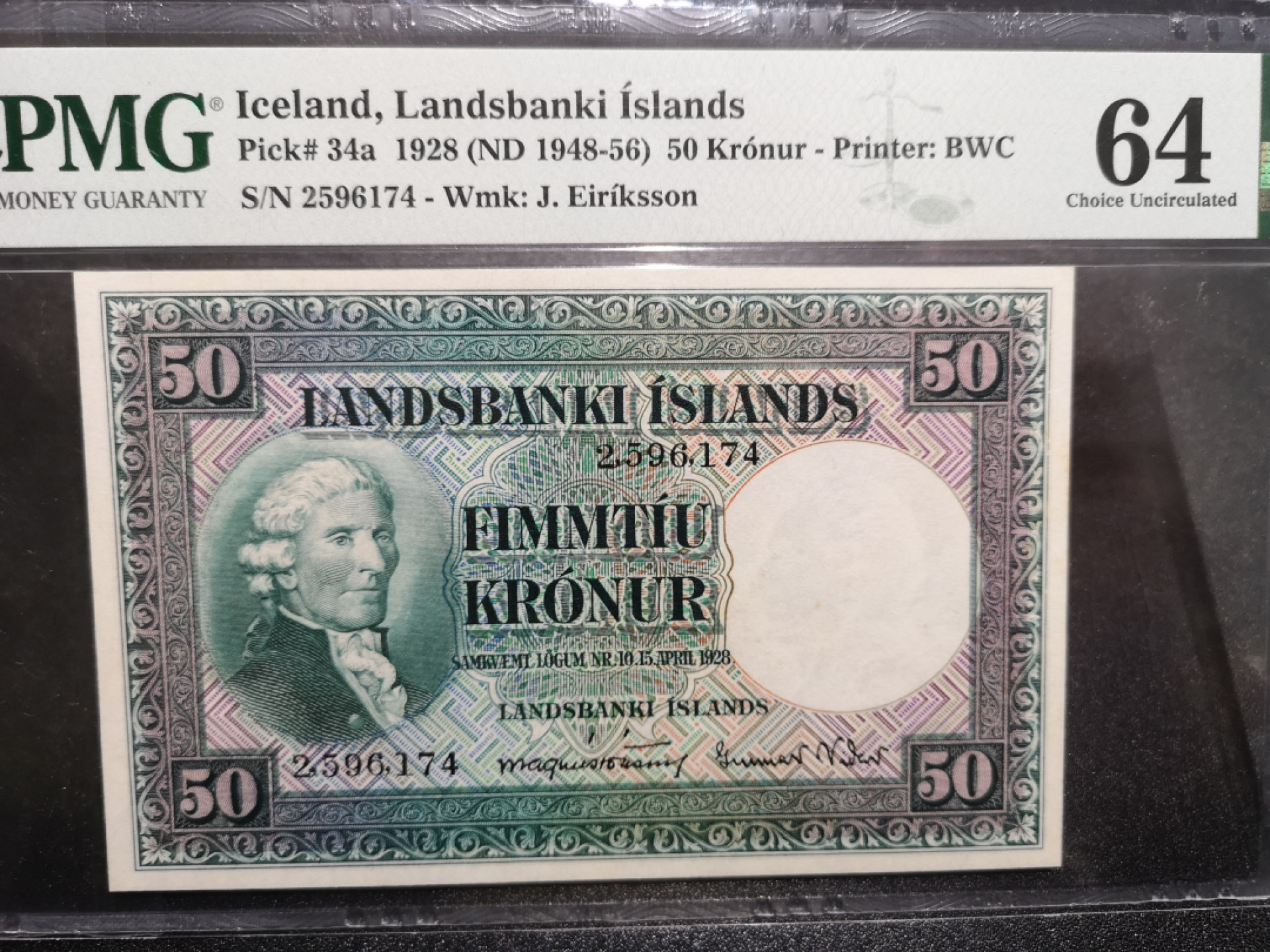 《外钞收藏家》第一百五十二期拍卖（本期98件） 1928年冰岛50克朗 PMG64 BWC作品