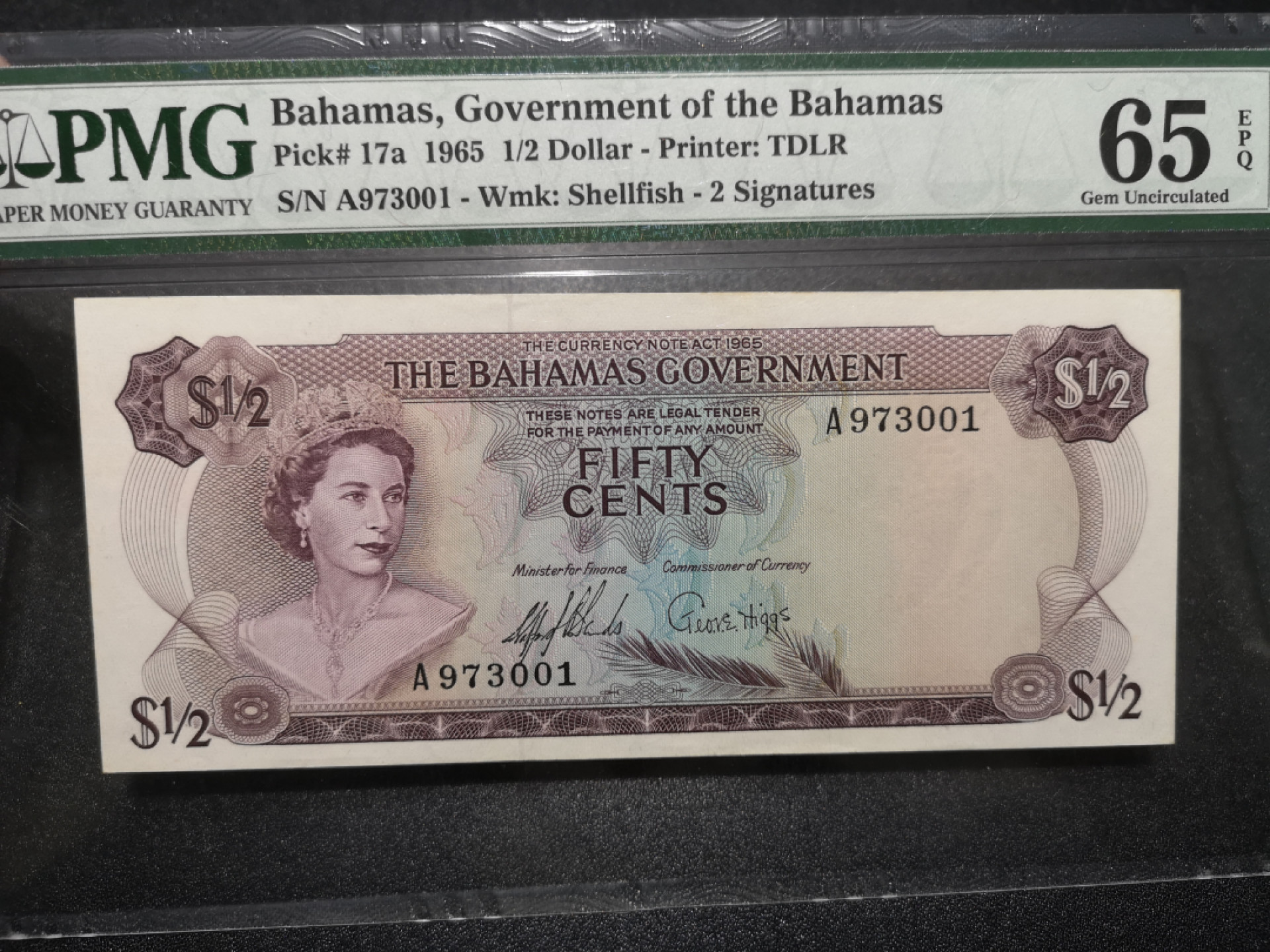 《外钞收藏家》第一百五十二期拍卖（本期98件） 1965年巴哈马1/2刀 PMG65